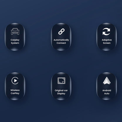 Feature icons of TECPHILE wireless car play adapter highlighting CarPlay system, auto connect, adaptive screen, and Android Auto support.