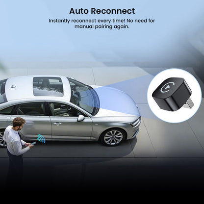 TECPHILE wireless car play adapter with auto reconnect feature, shown connecting to a car system without manual pairing.