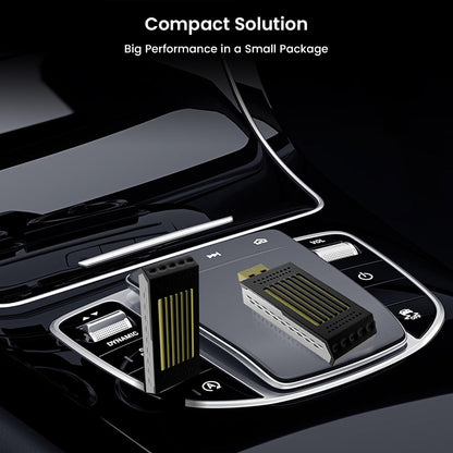 TECPHILE DroidDrive Android 13 AI Box shown in a car console, highlighting its compact size and high-performance wireless functionality.