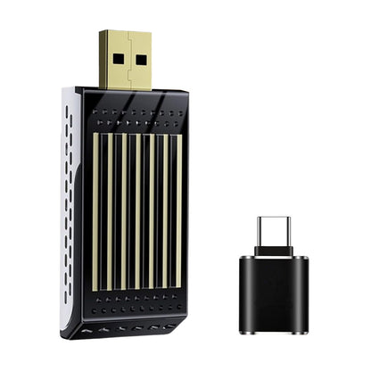 TECPHILE DroidDrive Android 13 AI Box with USB and Type-C adapter for wireless CarPlay and Android Auto in compact design.