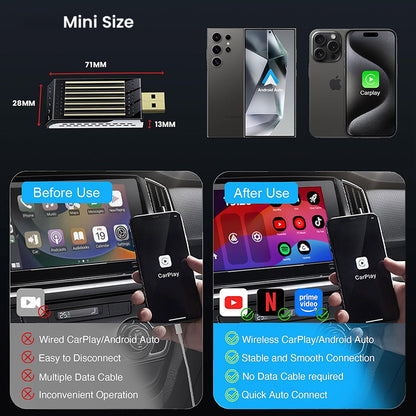 TECPHILE DroidDrive Android 13 AI Box mini size comparison with smartphones, showing before and after wireless CarPlay/Android Auto use.