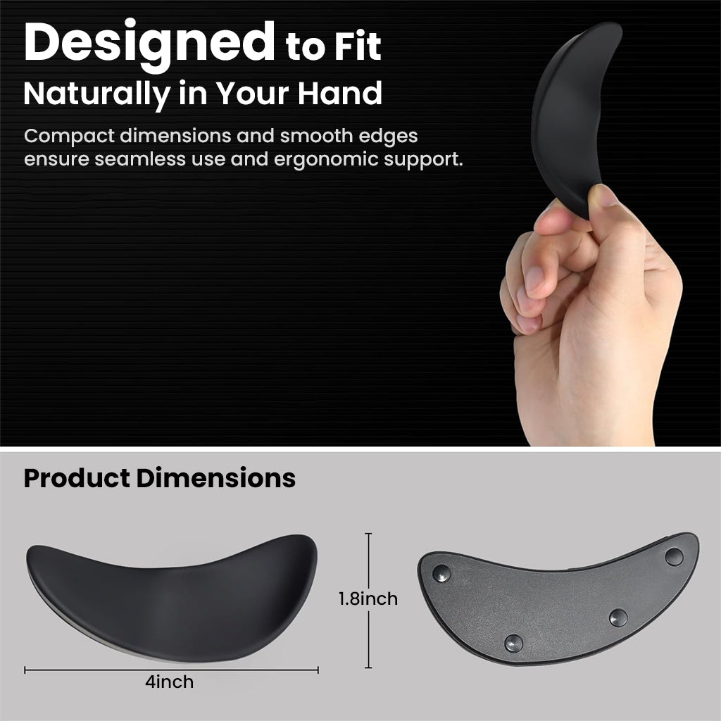 TECPHILE Wrist Support Pad designed to fit naturally in your hand, compact and ergonomic with smooth edges and product dimensions shown.