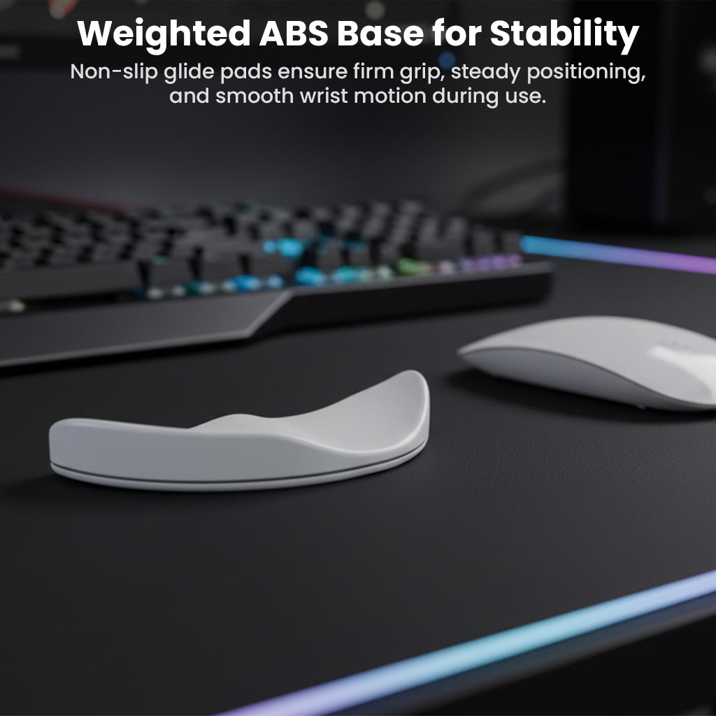 TECPHILE Wrist Support Pad with weighted ABS base for stability, shown on a gaming desk for smooth wrist motion and non-slip grip.