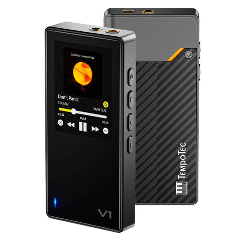 TempoTec Variations V1 Hi-Res Music Player with dual CS43131 DACs, compact design, and front display showing FLAC playback.