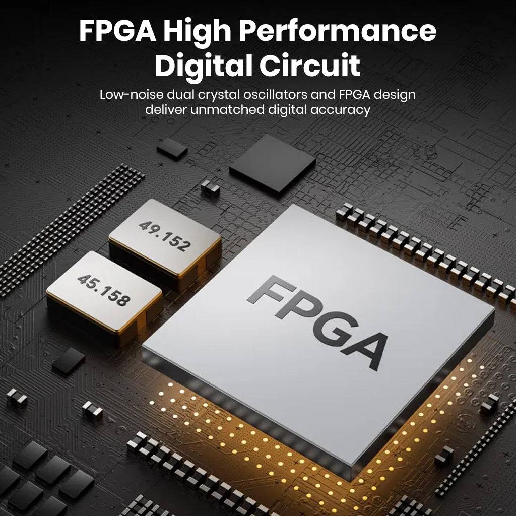 High-performance FPGA digital circuit in TempoTec Variations V1 with dual crystal oscillators for precise audio decoding.