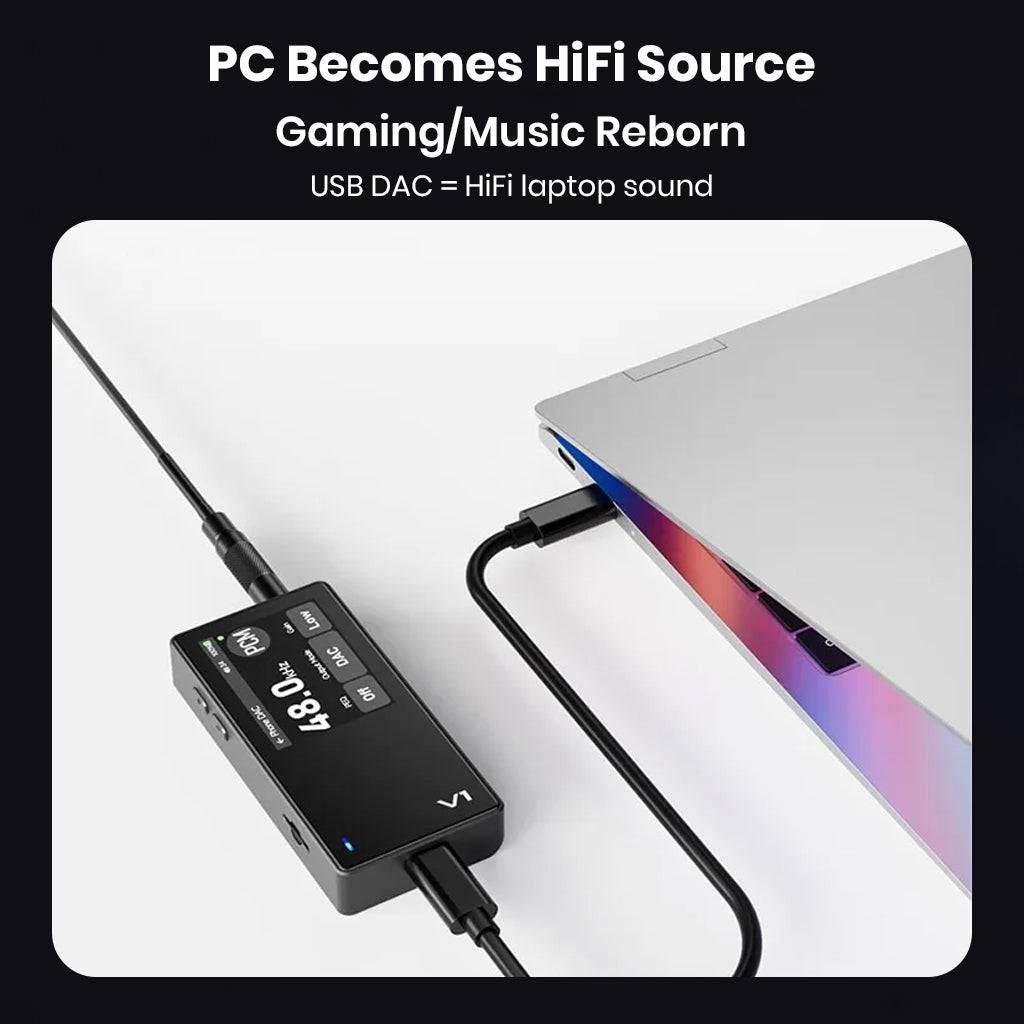 TempoTec Variations V1 used as USB DAC for laptop, transforming PC into HiFi audio source for gaming and music.