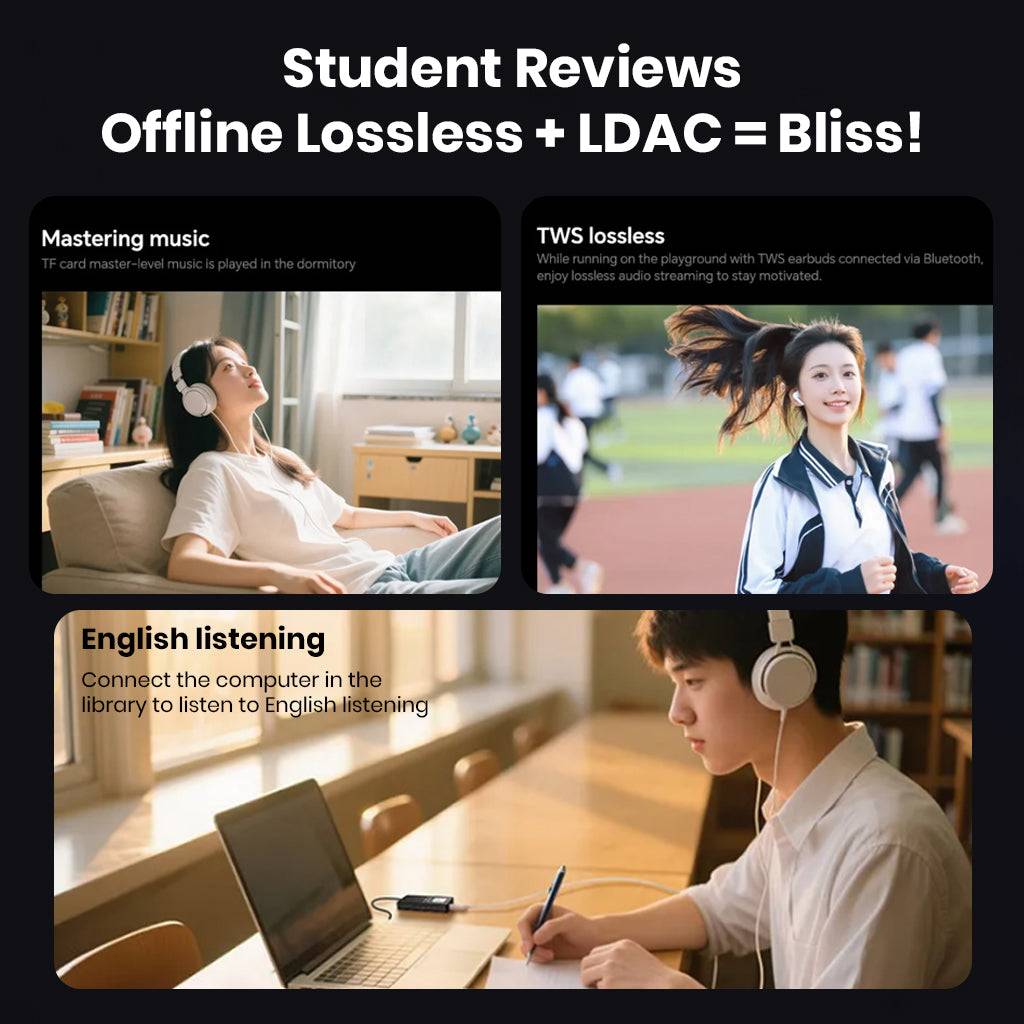 Students using TempoTec Variations V1 for mastering music, TWS listening, and English learning with offline Hi-Res audio.