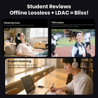 Students using TempoTec Variations V1 for mastering music, TWS listening, and English learning with offline Hi-Res audio.