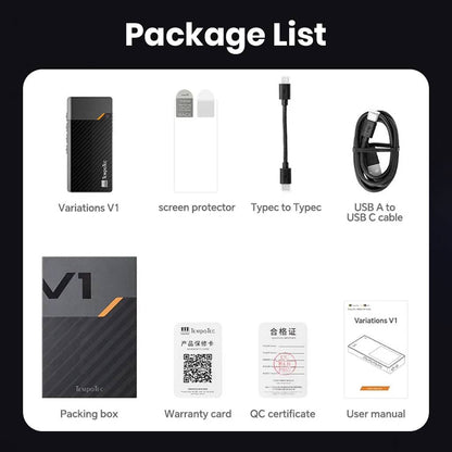 Package contents of TempoTec Variations V1 including player, cables, screen protector, warranty card, and user manual.