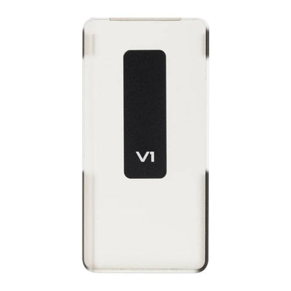 Front view of TempoTec – Variations V1 Handsfree Back Clip Case showing sleek transparent design with V1 logo for mobile phone protection.