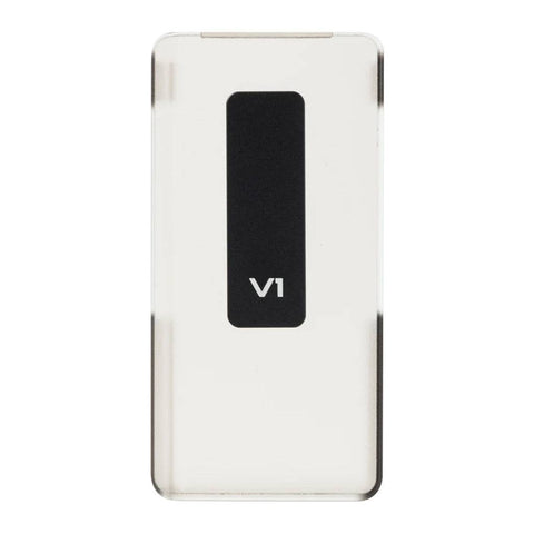 Front view of TempoTec – Variations V1 Handsfree Back Clip Case showing sleek transparent design with V1 logo for mobile phone protection.