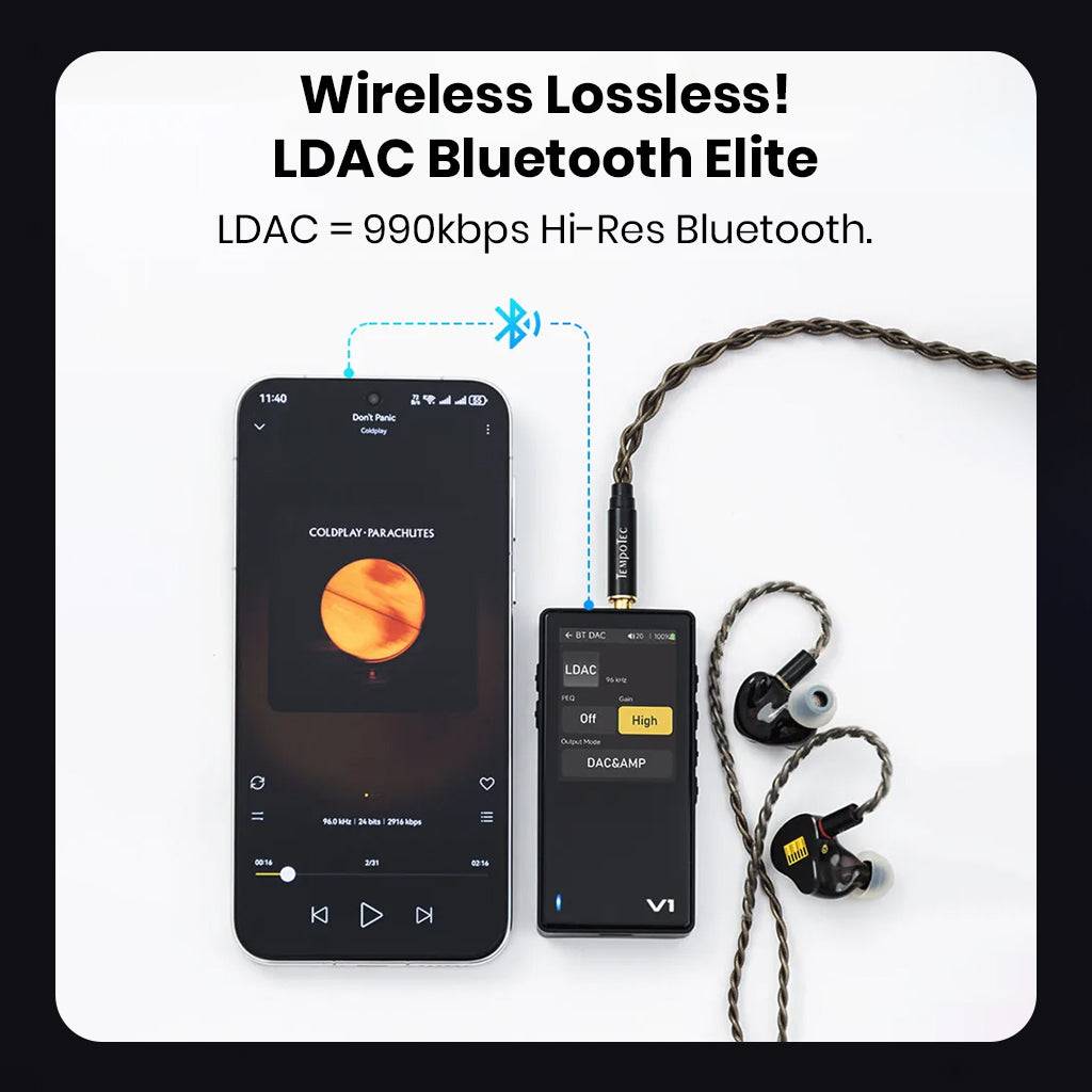 TempoTec Variations V1 connected via LDAC Bluetooth to smartphone, enabling 990kbps wireless Hi-Res audio playback.