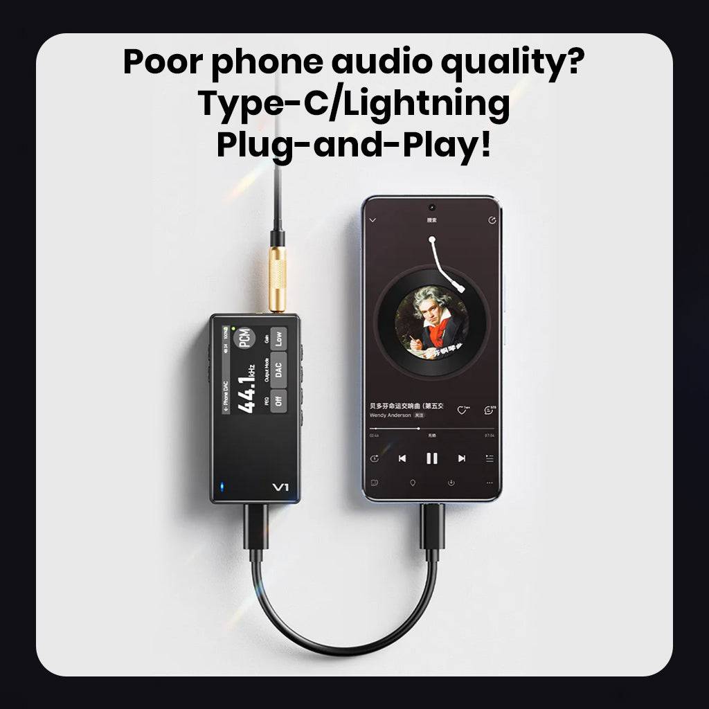 TempoTec Variations V1 connected to smartphone via Type-C/Lightning for enhanced audio quality over mobile playback.