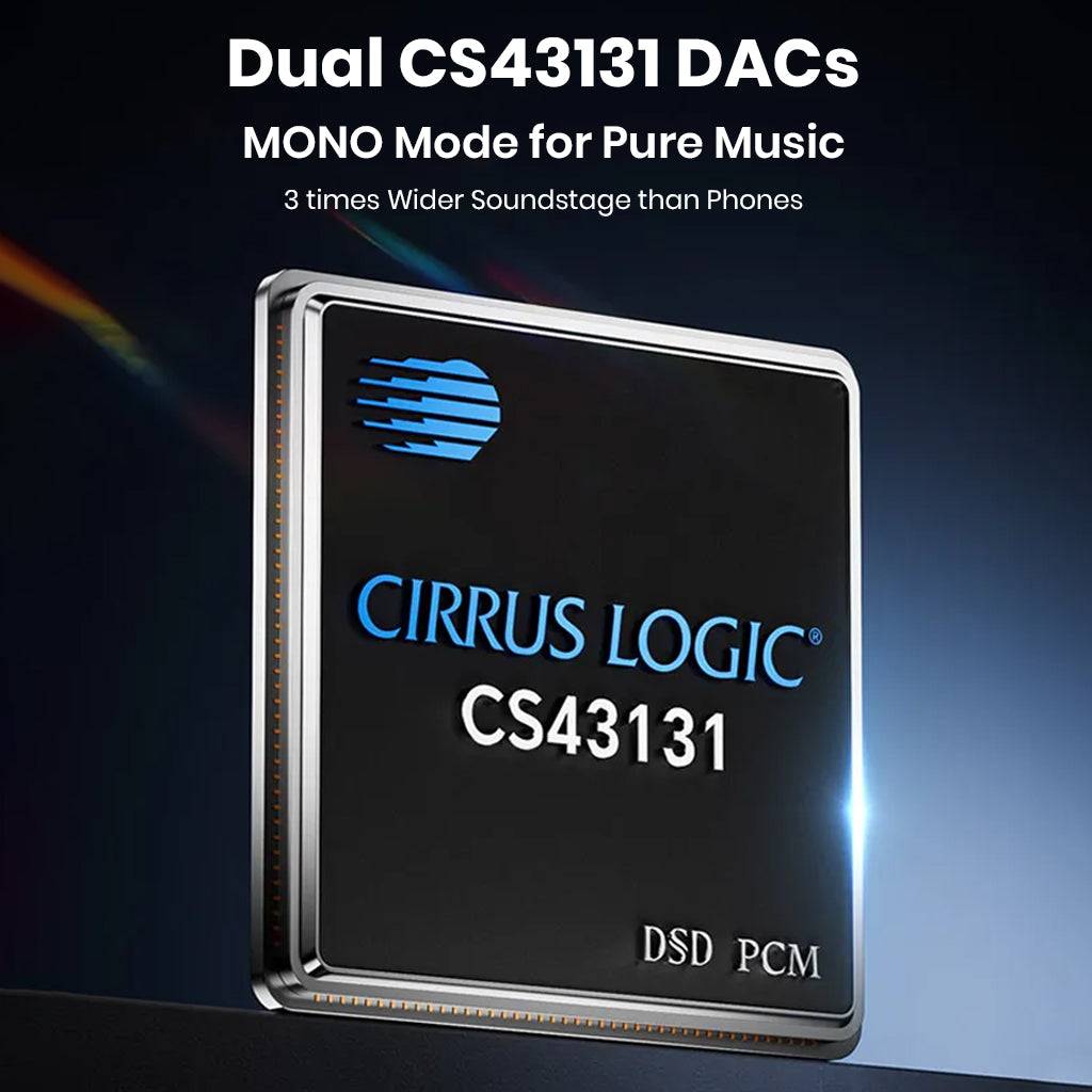 Close-up of Cirrus Logic CS43131 DAC chip used in TempoTec Variations V1 for pure mono music and wide soundstage.