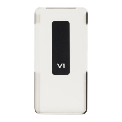 Front and side view of TempoTec Variations V1 with transparent case, showcasing screen and button accessibility.