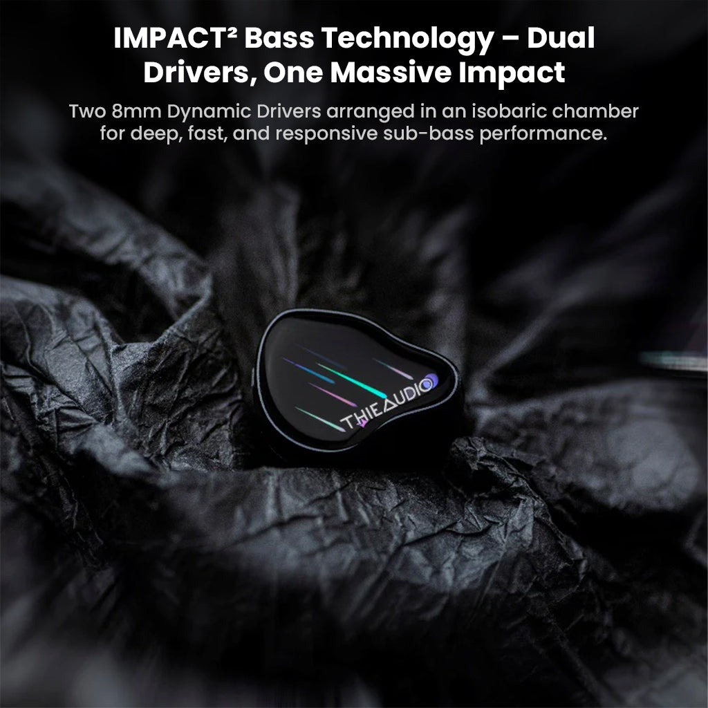 Close-up of ThieAudio Monarch MKIV IEM highlighting dual 8mm dynamic drivers in isobaric chamber for deep, responsive sub-bass performance.