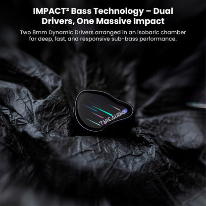 Close-up of ThieAudio Monarch MKIV IEM highlighting dual 8mm dynamic drivers in isobaric chamber for deep, responsive sub-bass performance.