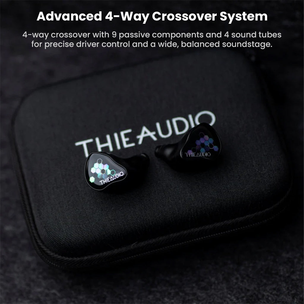 ThieAudio Monarch MKIV IEM displayed with carrying case, emphasizing 4-way crossover system for balanced sound and precise driver control.