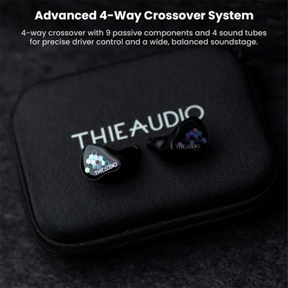 ThieAudio Monarch MKIV IEM displayed with carrying case, emphasizing 4-way crossover system for balanced sound and precise driver control.