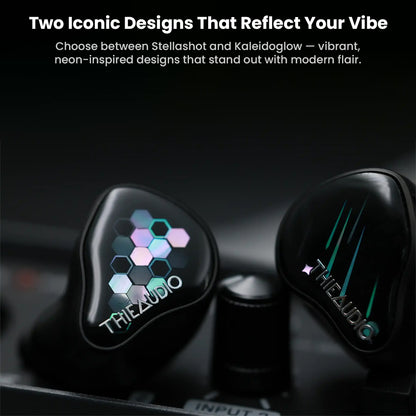 ThieAudio Monarch MKIV IEM in Stellashot and Kaleidoglow designs, offering vibrant neon-inspired aesthetics for a modern audio experience.