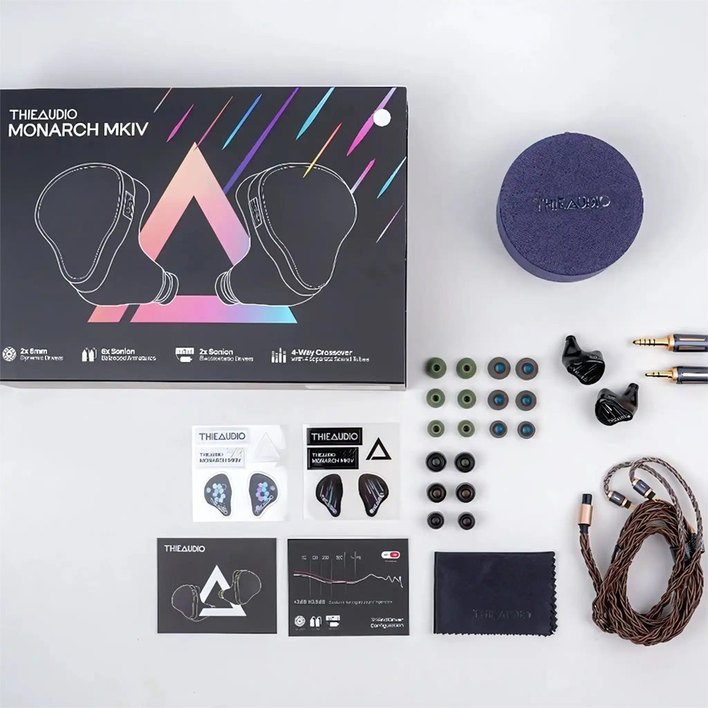 Complete ThieAudio Monarch MKIV IEM package including ear tips, hybrid cable, carrying case, and accessories for premium unboxing experience.
