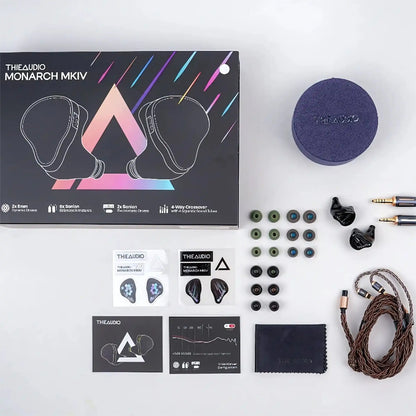 Complete ThieAudio Monarch MKIV IEM package including ear tips, hybrid cable, carrying case, and accessories for premium unboxing experience.