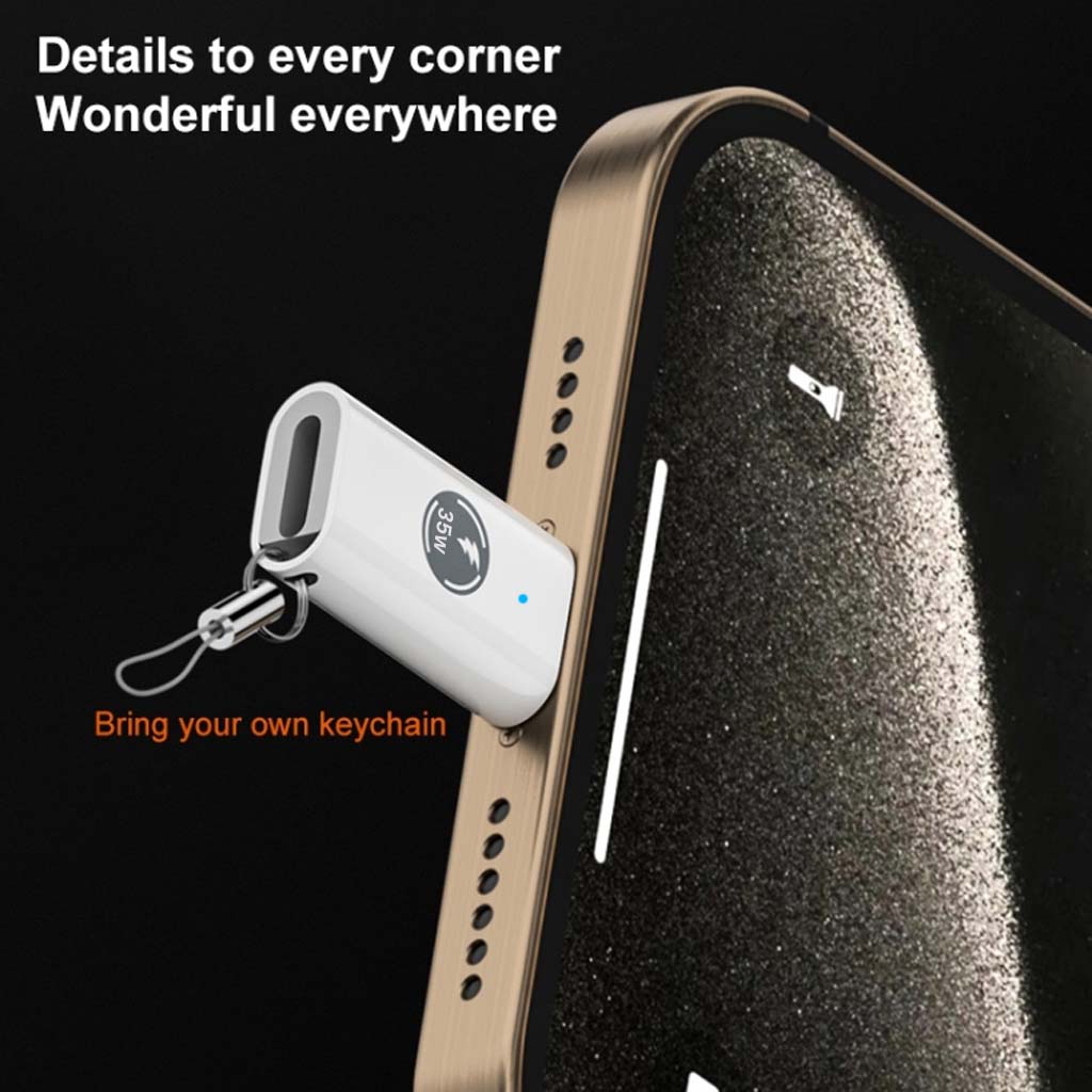 TECPHILE LIGHTING to TYPE-C PD35W Adapter attached to iPhone with keychain slot, offering portability and convenience.