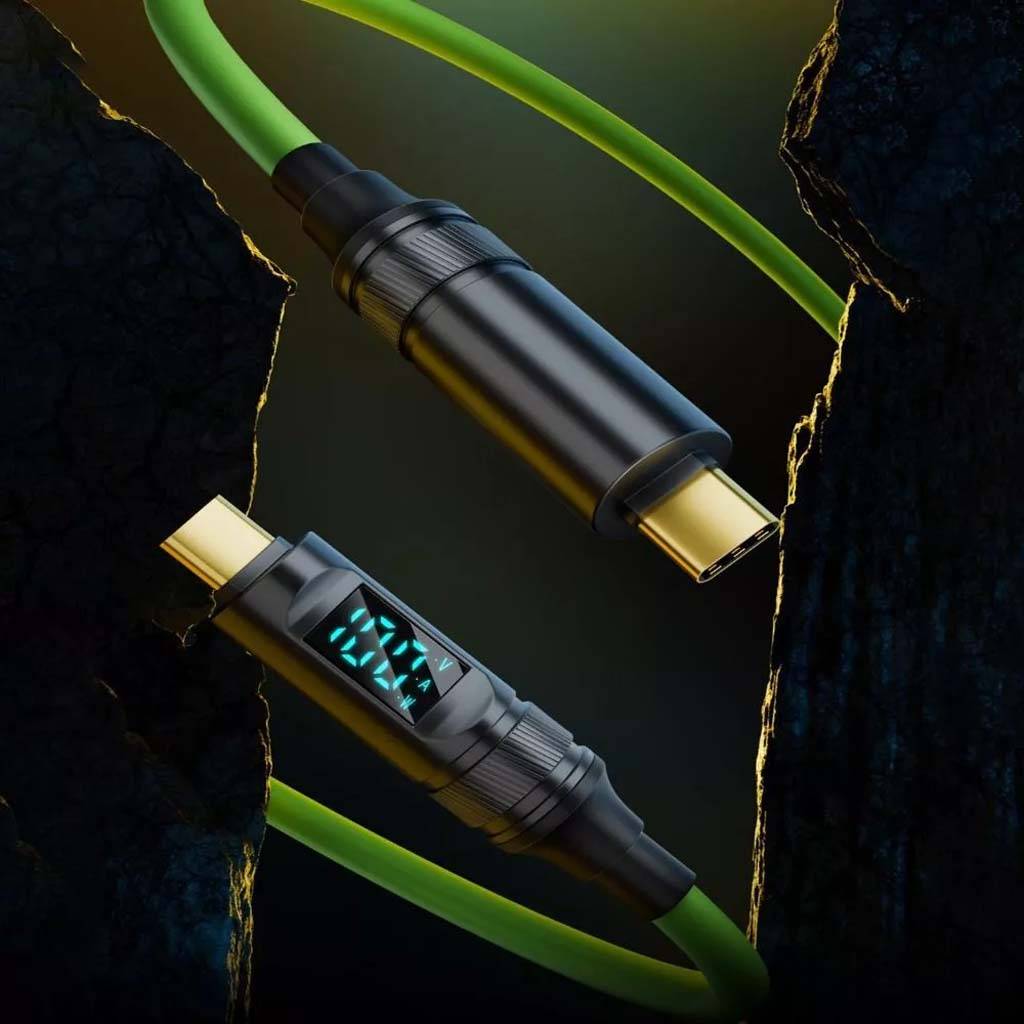 Close-up of TECPHILE 100W Type-C to Type-C Fast Charging Cable showing durable build and digital display, perfect for USB-C devices.