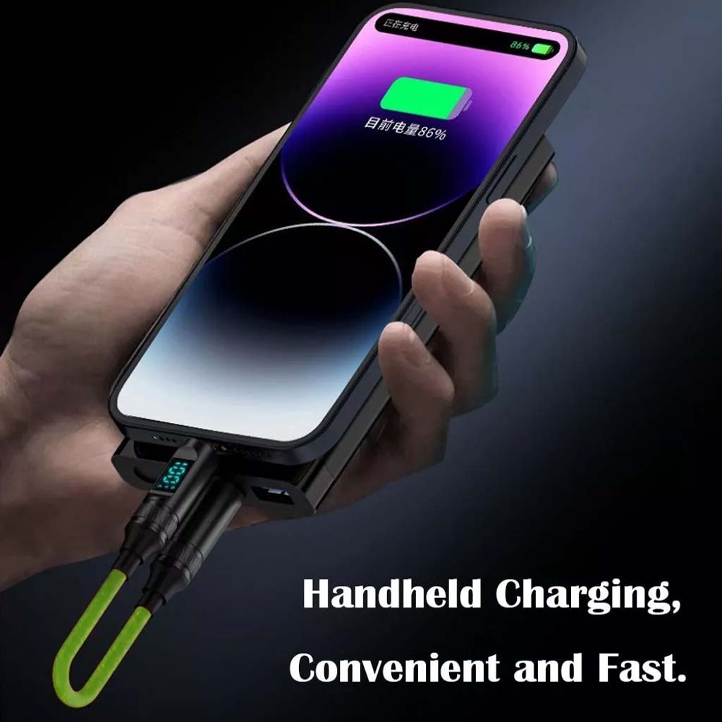 TECPHILE 100W Type-C to Type-C Fast Charging Cable connected to smartphone, showcasing handheld charging convenience and fast power delivery.