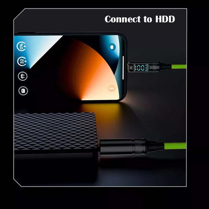 TECPHILE 100W Type-C to Type-C Cable connected to HDD and smartphone, supporting high-speed data transfer and real-time power display.