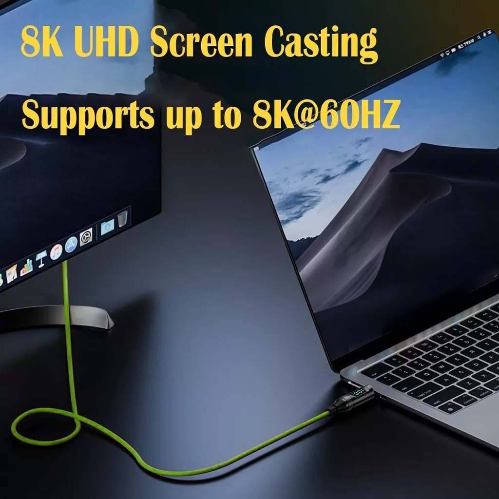 TECPHILE 100W Type-C to Type-C Cable enabling 8K UHD screen casting at 60Hz from laptop to monitor, perfect for high-resolution displays.