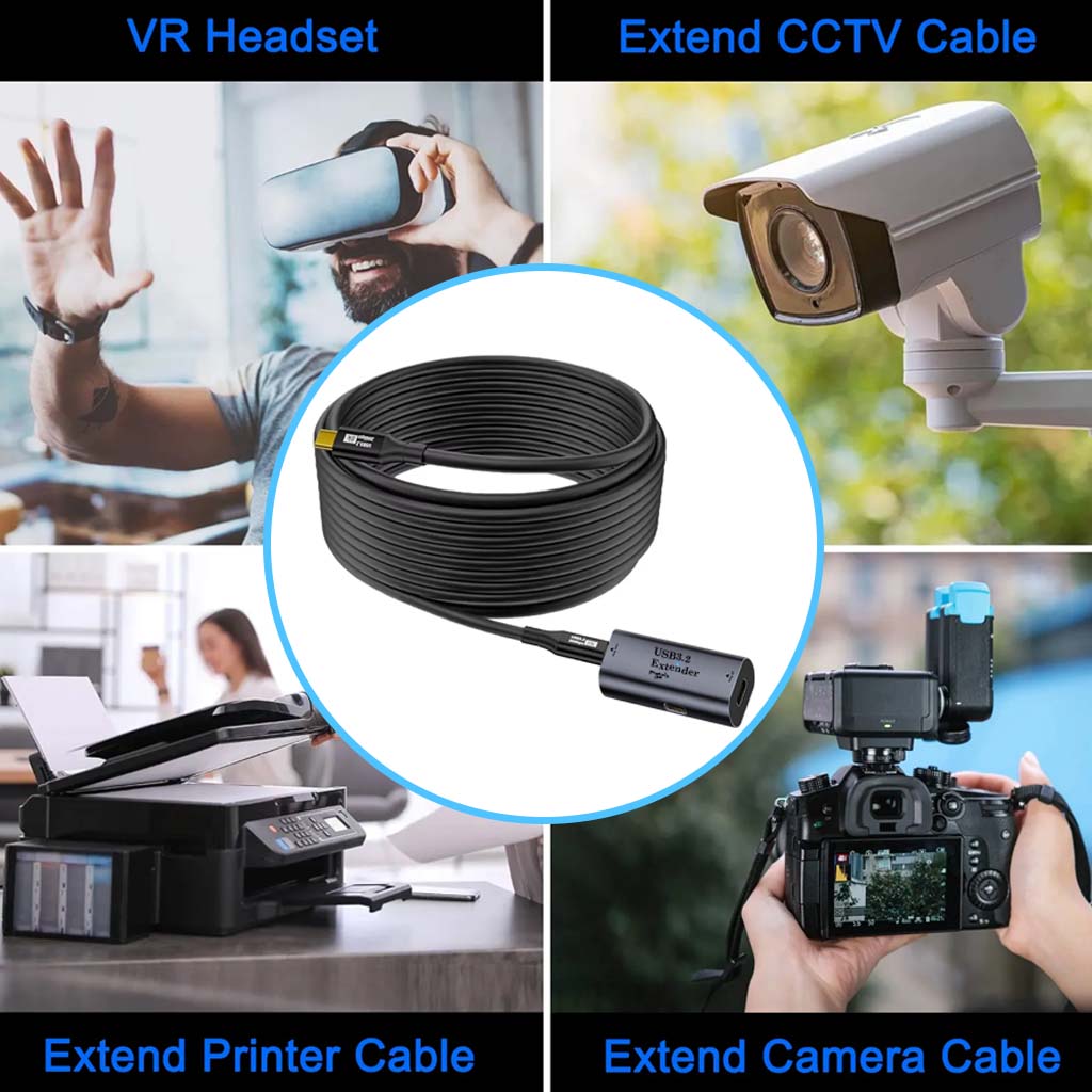 TECPHILE USB C 3.2 Signal Amplifier used with VR headsets, CCTV, printers, and cameras for extended USB connectivity and stable performance.