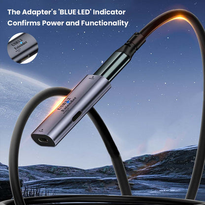 TECPHILE USB C 3.2 Signal Amplifier with blue LED indicator showing power and functionality in a high-performance setup.