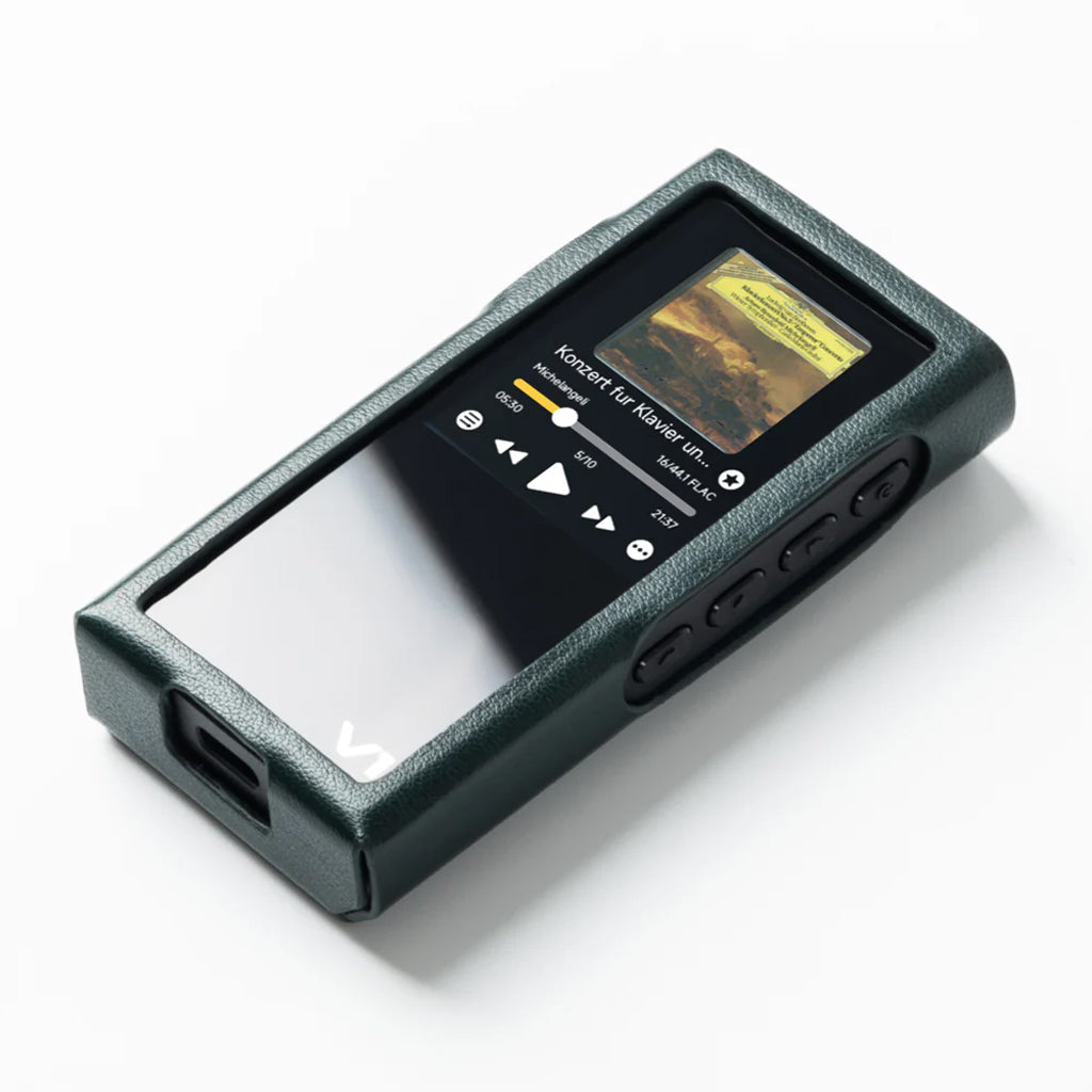 Angled view of TempoTec V1 in PU leather case, highlighting side button access and protective snug fit for enhanced usability and durability.