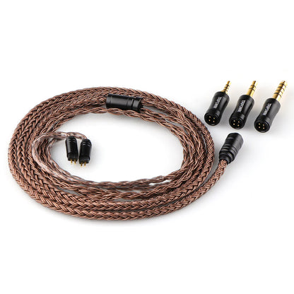 High-purity OFC Tripowin Amber IEM cable coiled neatly with detachable 2-pin connectors and three interchangeable audio jacks.