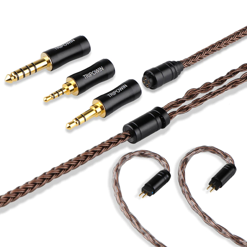 Tripowin Amber IEM cable featuring 2-pin connectors and three interchangeable plugs for flexible audio device compatibility.