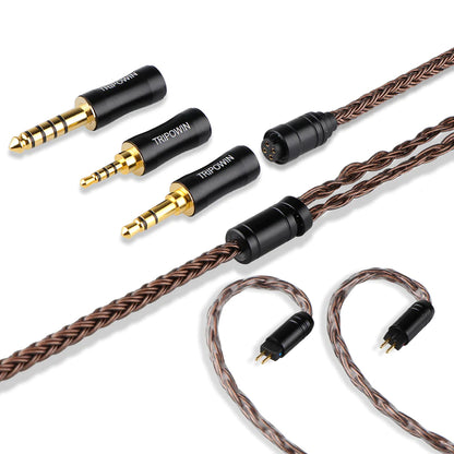 Tripowin Amber IEM cable featuring 2-pin connectors and three interchangeable plugs for flexible audio device compatibility.