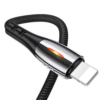 Close-up of USAMS-SJ344USB01 Lightning connector with glowing LED indicator and reinforced braided cable for durability.
