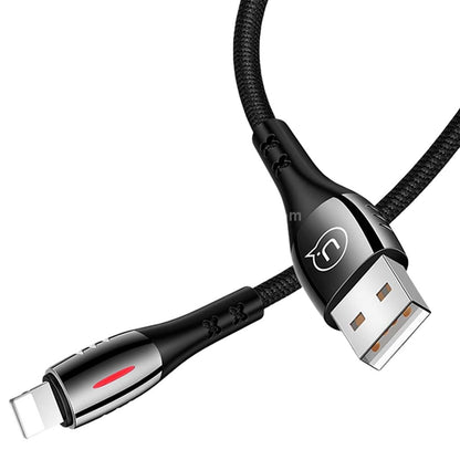 USAMS-SJ344USB01 USB-A to Lightning fast charging cable with durable nylon braided design and zinc alloy connectors, 120cm length.