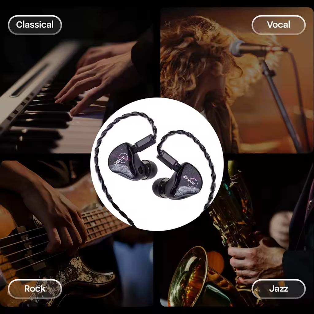 ZiiGaaT Crescent IEMs surrounded by music genres like classical, rock, jazz, and vocal, showcasing versatility in sound tuning.