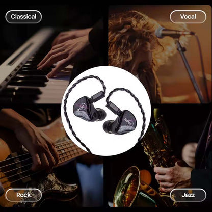 ZiiGaaT Crescent IEMs surrounded by music genres like classical, rock, jazz, and vocal, showcasing versatility in sound tuning.