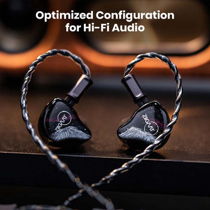 ZiiGaaT Crescent IEMs displayed with braided cable, optimized for hi-fi audio with handcrafted hybrid driver configuration.