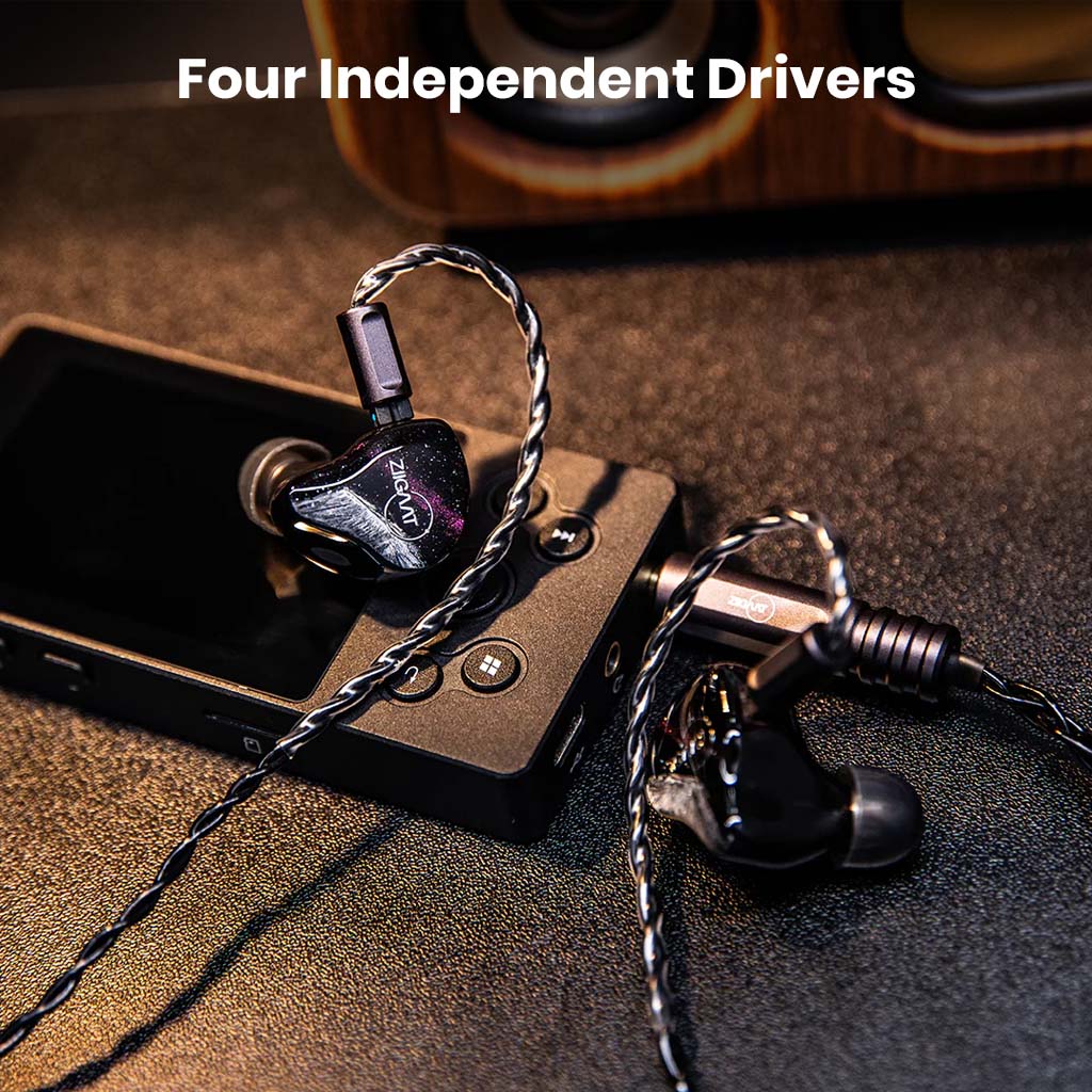 ZiiGaaT Crescent IEMs connected to a music player, showcasing four independent drivers for high-fidelity sound reproduction.