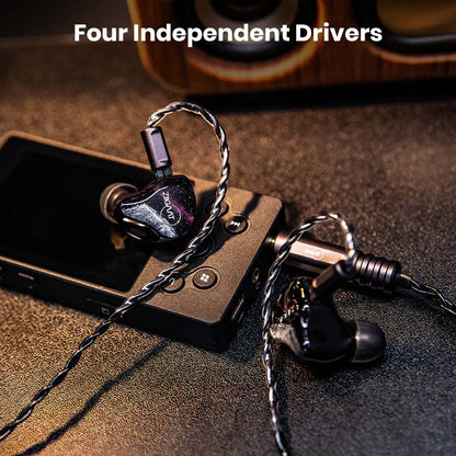 ZiiGaaT Crescent IEMs connected to a music player, showcasing four independent drivers for high-fidelity sound reproduction.