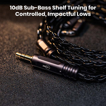 Close-up of ZiiGaaT Crescent IEM cable and 3.5mm plug, tuned for 10dB sub-bass shelf to enhance low-frequency response.