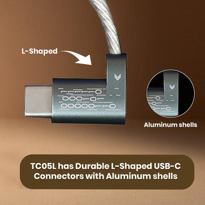 L-shaped USB-C connector of TC05L OTG Cable with aluminum shell, designed for durability and efficient audio signal transfer.