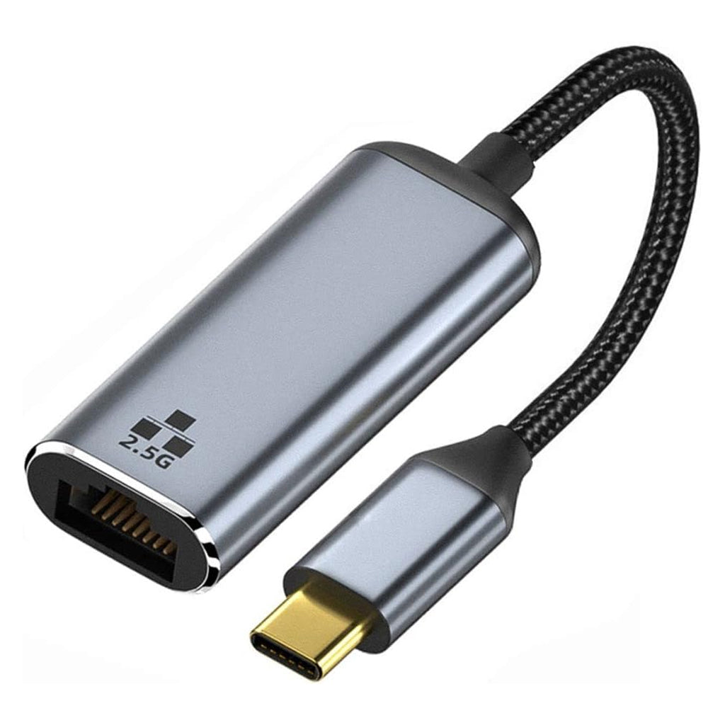 Angled view of TECPHILE Type-C to 2.5G Ethernet LAN Network Converter with gold-plated USB-C connector and durable braided cable.