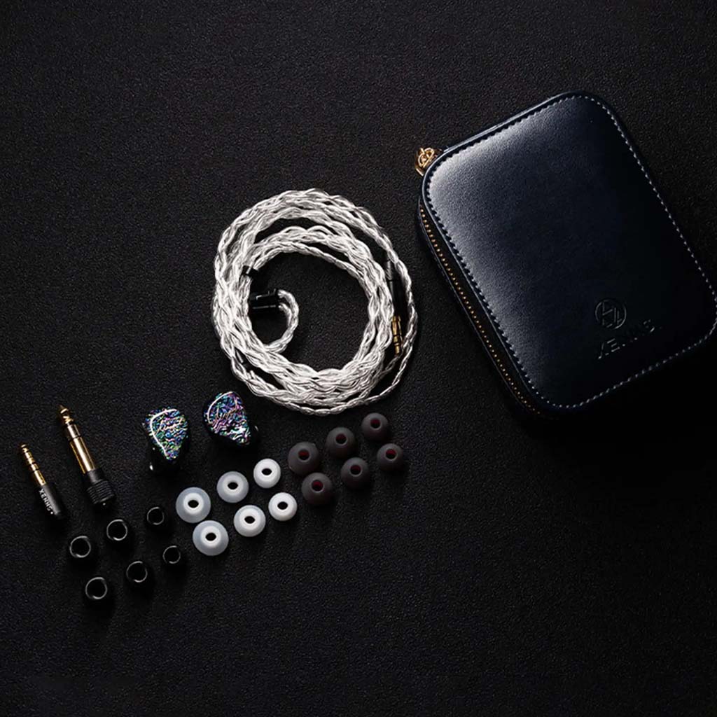 Complete Mangird Top Pro IEM package including earphones, cable, ear tips, adapters, and carrying case for premium audio setup.