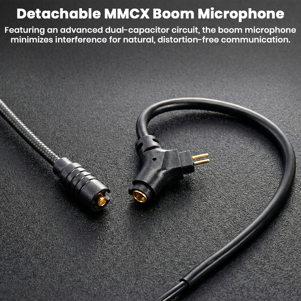 Detachable MMCX boom mic on AUDIOCULAR BOOM-X Gaming Cable with dual-capacitor design for clear, distortion-free communication.