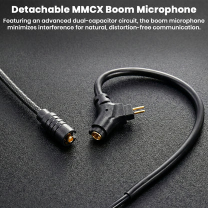 Detachable MMCX boom mic on AUDIOCULAR BOOM-X Gaming Cable with dual-capacitor design for clear, distortion-free communication.